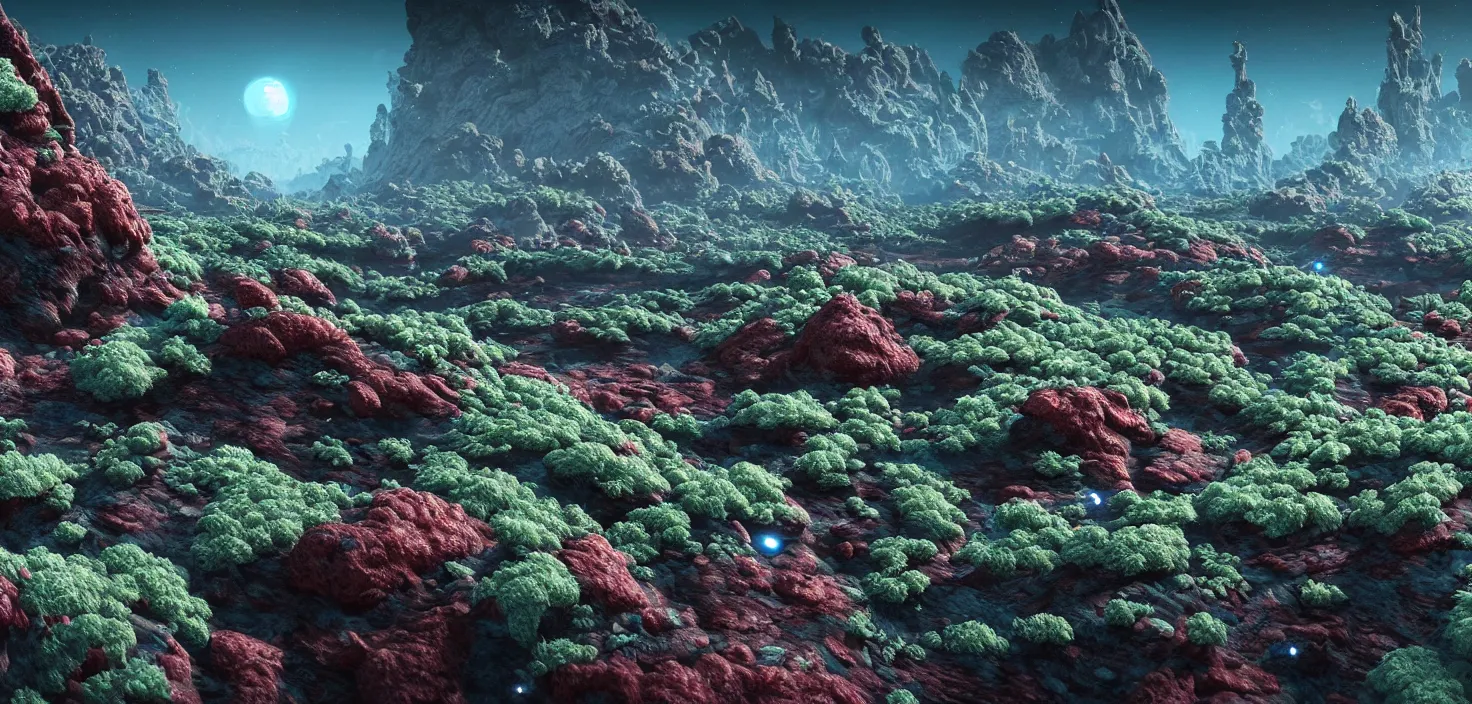 Prompt: intricate alien ecosystem on a rocky planet, with little vegetation and crystals, neon coral reefs. concept art, intricate details, highly detailed, photorealistic, octane render