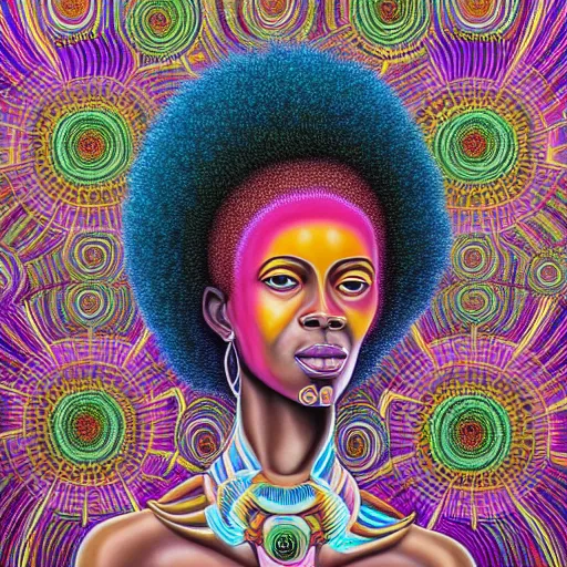 Image similar to a regal and heroic african queen with a colorful afro sitting in a cabana near a larg near a pink river with a large glowing baobab tree, by amanda sage and alex grey and evgeni gordiets in a surreal psychedelic style, symmetrical, detailed eyes, oil on canvas 8k, hd