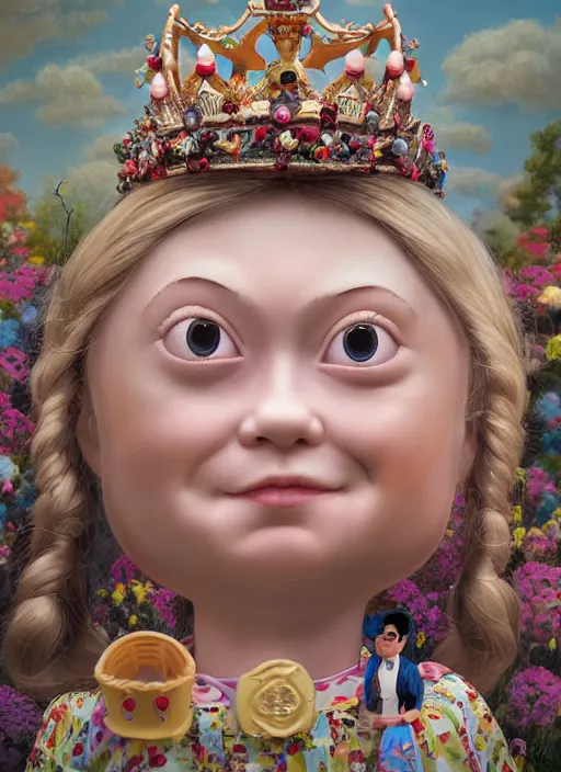Image similar to closeup face profile portrait of greta thunberg as a tin toy fairytale princess wearing a crown eating cakes, bikini, depth of field, zeiss lens, fashion photoshoot, by nicoletta ceccoli, mark ryden, lostfish, dan decarlo, bob clampett, max fleischer, breathtaking, detailed, hyperrealistic, octane render