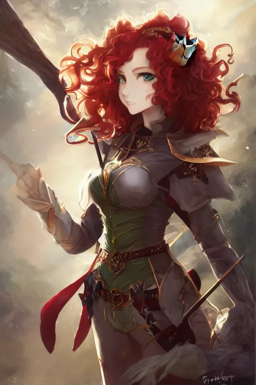 Image similar to A beautiful anime portrait of a curly haired redhead female elf, rpg ranger outfit, elven bow, by Stanley Artgerm Lau, WLOP, Rossdraws, James Jean, Andrei Riabovitchev, Marc Simonetti, and Sakimichan, tranding on artstation