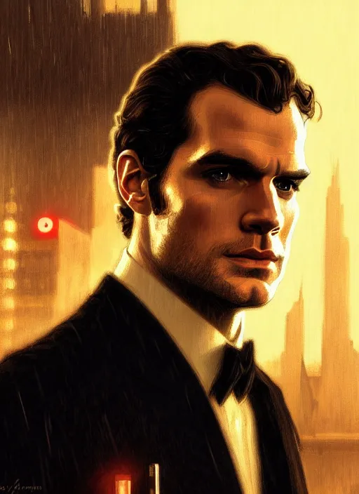 Image similar to portrait of henry cavill as james bond, casino, rain, fire, highly detailed, digital painting, artstation, concept art, cinematic lighting, sharp focus, illustration, by gaston bussiere alphonse mucha