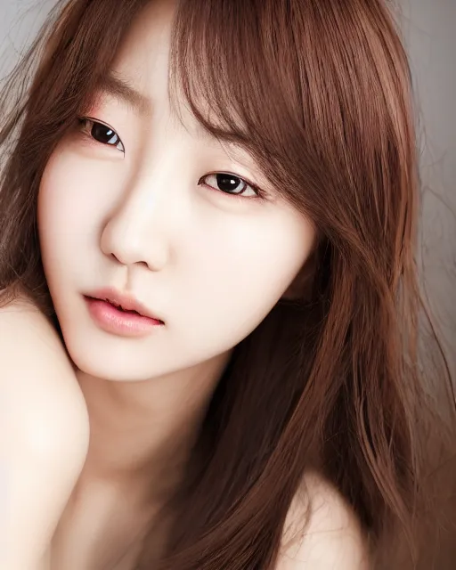 Image similar to Park shin-hye korean woman, portrait photo of a beautiful south korean woman, female model, soft smile, closed mouth showing no teeth, soft bright skin, brown hair, deep brown eyes, modern south korean makeup, soft makeup, studio lighting, solid white background, hyperrealistic, 8k, artstation, professional photo