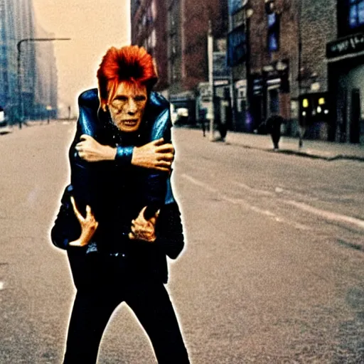 Image similar to david bowie from changes giving a piggy back ride to ziggy stardust. as a photograph with new york in the background