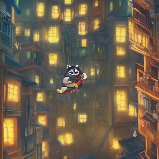 Prompt: adorable happy japanese raccoon dog rogue ziplining through a crowded upside - down city, midnight, cinematic, detailed, d & d, colorful, hyperrealistic, trending on artstation, studio ghibli, dynamic, vibrant lighting, oil painting, japanese architecture, little nightmares