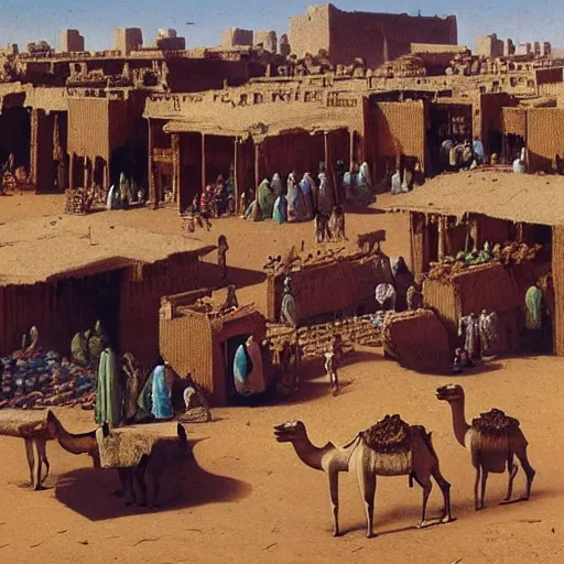 Image similar to a busy bazaar in ancient timbuktu on a sunny day, camels, merchants, high detail, painting by beksinski and ted nasmith