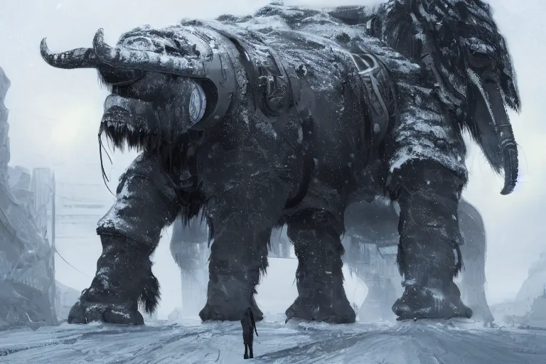 Image similar to a grand intricate futuristic black steam train next to a giant mammoth, post - apocalyptic ice landscape in snowstorm, concept art, artstation, highly detailed, digital art