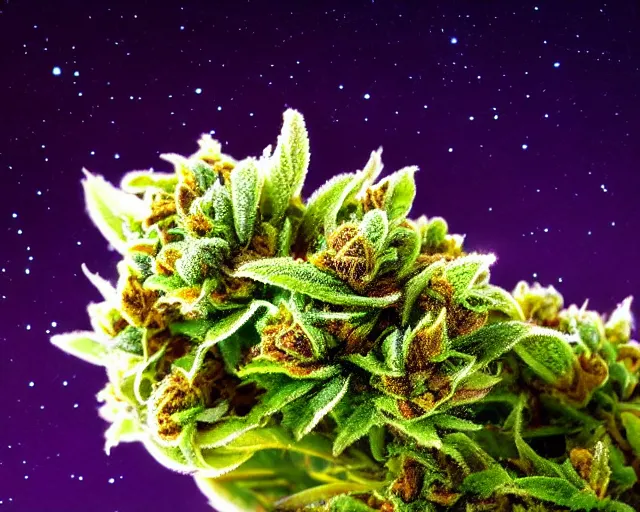 Image similar to beautiful marijuana flower with buds covered in glowing trichomes, extreme close - up highly - detailed macro photography, focus, centered, dslr in the style of high times and erik christiansen, cosmic background, bordered by glowing trichomes