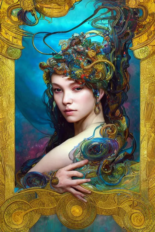 Prompt: an hiper intricate oil portrait of a beautifull snake godess surounded by melting colorfull wax drips, colorfull, excelent composition, wide shot, by yoshitaka amano, by ellen jewett, by greg rutkowski, by alphonse mucha by jeremyg lipkinng, by rhads, by ross tran, artstation, octane render