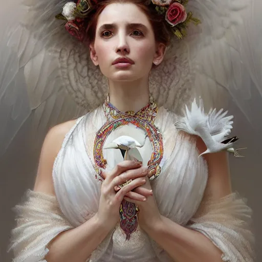 Image similar to a queen with a decorated dress made of white and cream colored roses holding a realistic and detailed white swan in her arms, highly detailed, digital painting, Trending on artstation , HD quality, by artgerm and greg rutkowski and alphonse mucha, dramatic light, octane