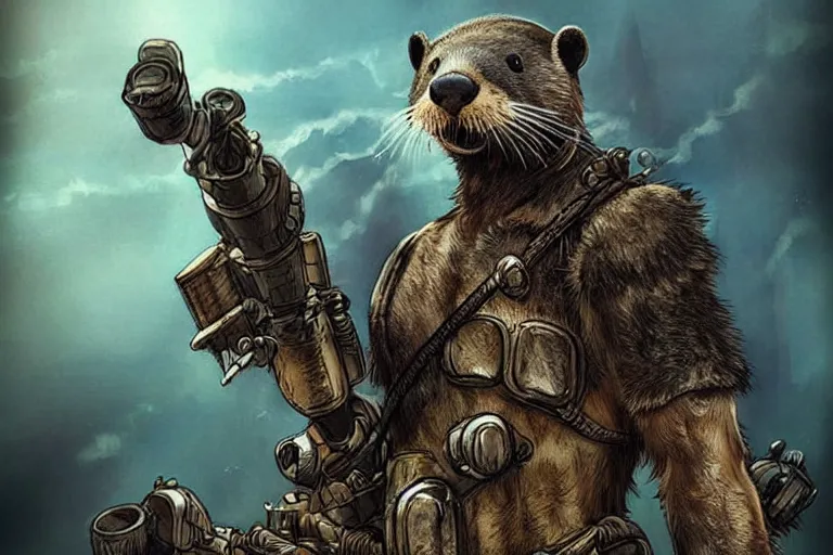 Image similar to a good ol'otter fursona ( from the furry fandom ), heavily armed and armored facing down armageddon in a dark and gritty version from the makers of mad max : fury road. witness me.