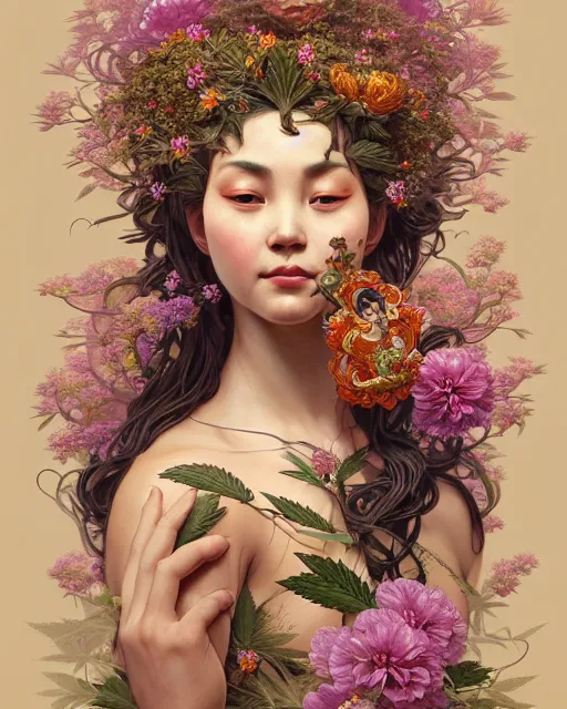 Image similar to portrait of goddess gaea, flowery face, upper body, decorated with cannabis flowers, traditional chinese art, intricate, elegant, highly detailed, digital painting, artstation, concept art, smooth, sharp focus, illustration, art by artgerm and greg rutkowski and alphonse mucha, 8 k