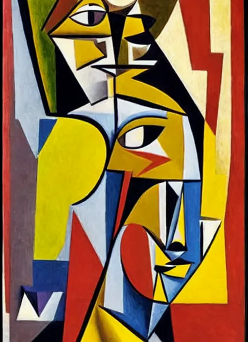 Prompt: a cubism extremely detailed masterpiece painting of a female with one triangular eye one trapezoid eye one side view of a nose a heat shaped elongated mouth at an angle a sharp jaw and no ear long hair on the same canvas plane, in the style of pablo picasso, muted brown yellow and blacks
