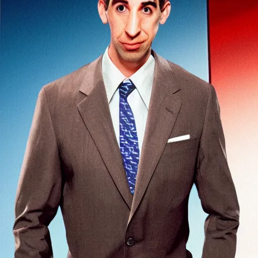 Prompt: Ross Geller as The American Psycho sweating as he stares at you with murderous after you tell him you ate his sandwich with the moist-maker