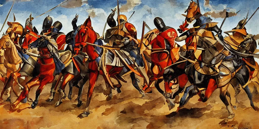 Image similar to medieval knight cavalry charge, italian futurism style