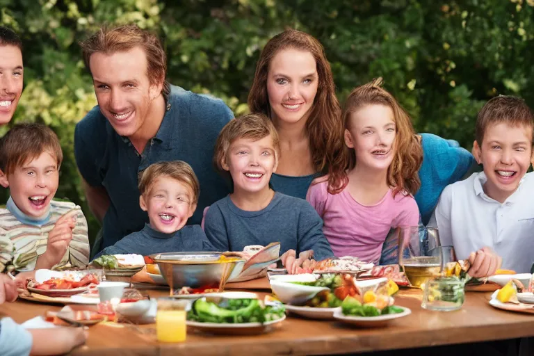 Image similar to an image of a large traditional family sitting around the table for dinner but one of the kids is floating above the table, perfect faces