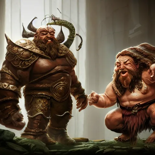 Prompt: dwarf having a friendly chat with a medusa, dungeons and dragons, fantasy, octane render, highly detailed, artstation, 8 k, cinematic