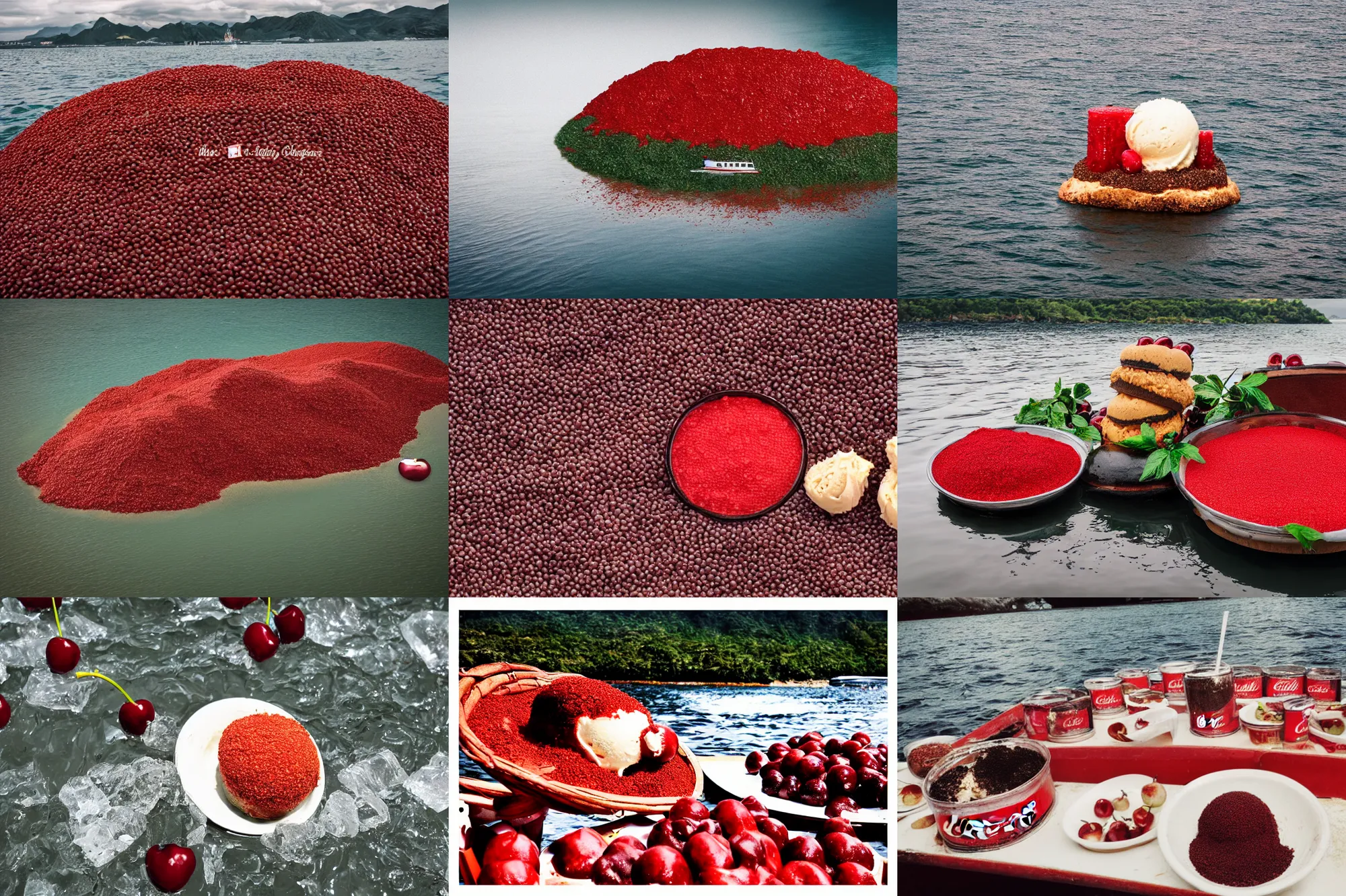 Prompt: an island made of food, around the island instead of water coca - cola ( dark brown ), instead of sand red caviar, instead of mountains ice cream with cherries, photo taken from a boat, 3 5 mm, cinematic