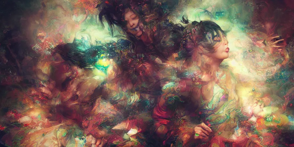 Image similar to Psychedelic vision of the feeling of happiness by Stanley Artgerm Lau, Ruan Jia and Fenghua Zhong