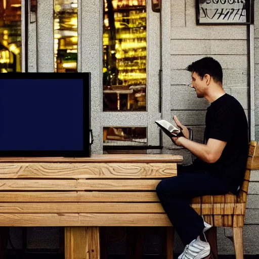 Prompt: a man sitting outside a restaurant with his tv, friend is angry,