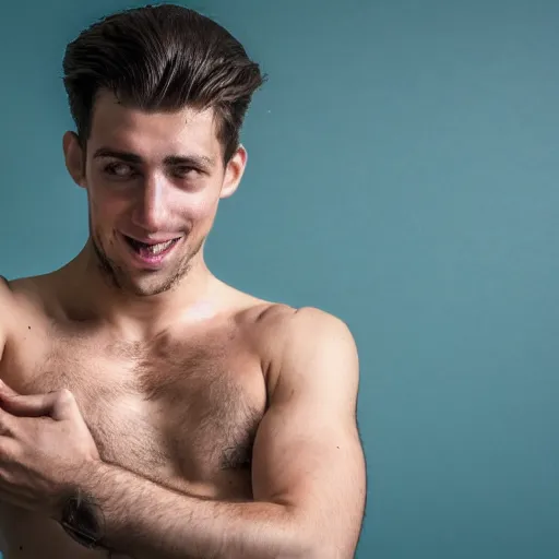 Image similar to high-resolution photograph of a lad showing off his hairy armpits