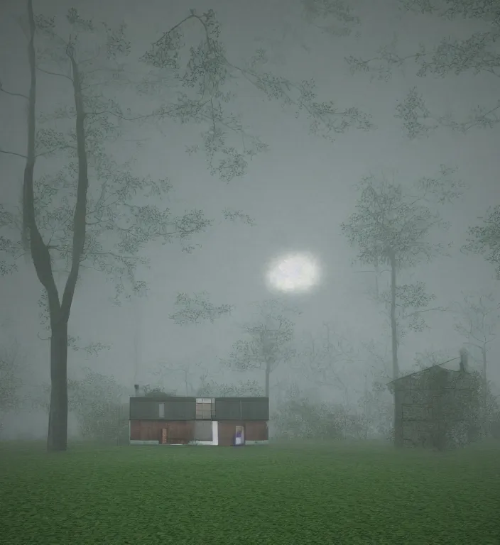 Prompt: a house by shigeru ban, silent hill 1, resident evil 1, syphon filter, first playstation graphics, pixelated, fog, green grass, grey sky, raining, pixel rain, stunning, unsharp mask, low resolution, 9 0 s games,