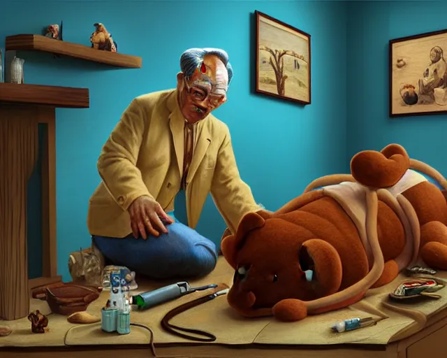 Prompt: the famous snake oil salesman Uncle Aloysius curing a patient of 🐻🐻🐻, painting by Grant Wood, 3D rendering by Beeple, sketch by R. Crumb