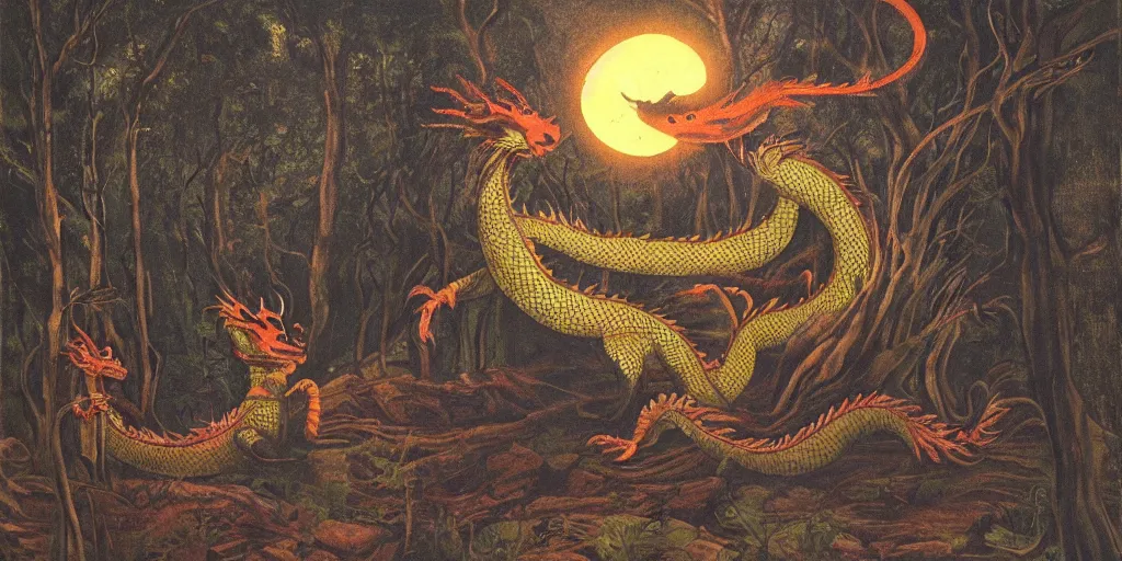 Image similar to dragon at night, in the forest, indian art