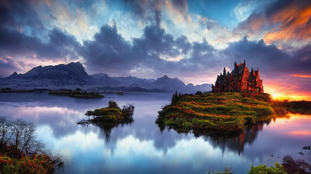 Image similar to amazing landscape photo of a fairy castle with lake in sunset by marc adamus, beautiful dramatic lighting