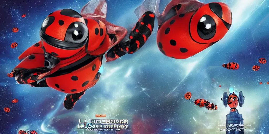 Prompt: a 3 d rendered movie still a ladybug descendant 1 million into the future. the ladybug is sentient, wears a spacesuit, and travels the stars in a super awesome space ship. science fiction blockbuster movie ladybugs rule the world, imax 7 0 mm. bladerunner, silent running