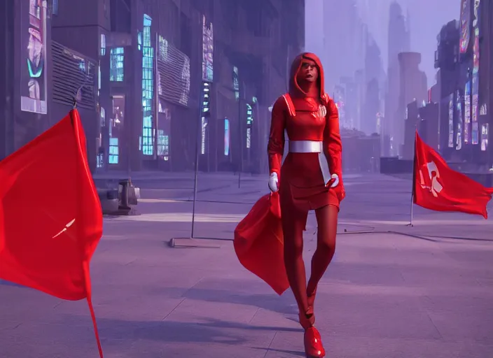 Image similar to glowing young woman carrying a red propaganda flag walking through beautiful futuristic city by Alexander Labas and Tatyana Yablonskaya and Viktor Tsvetkov, Unreal Engine 5, Lumen, Nanite, 85mm