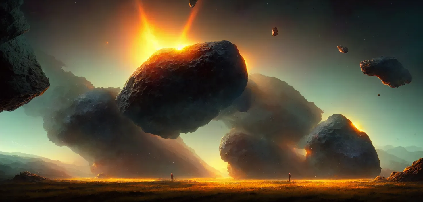 Prompt: The fall of a large asteroid to earth, detailed, concept art, low angle, high detail, warm lighting, volumetric, godrays, vivid, beautiful, trending on artstation, by Jordan grimmer, huge scene, grass, art greg rutkowski