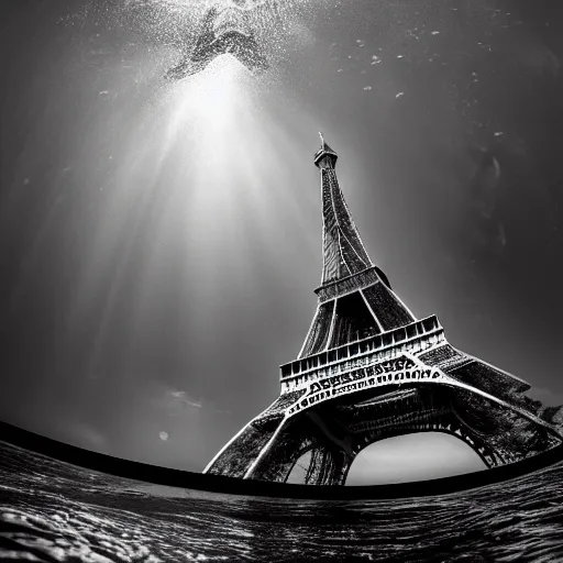 Prompt: underwater photo of the eiffel tower, dark ocean water, national geographic, submarine, gloomy, high quality photography, blurry, polluted, crisp details, sigma 1 0 - 2 0 mm, nikon 1 0 - 2 4 mm, caustic light, aquatic photography, fisheye, water particulate, low contrast