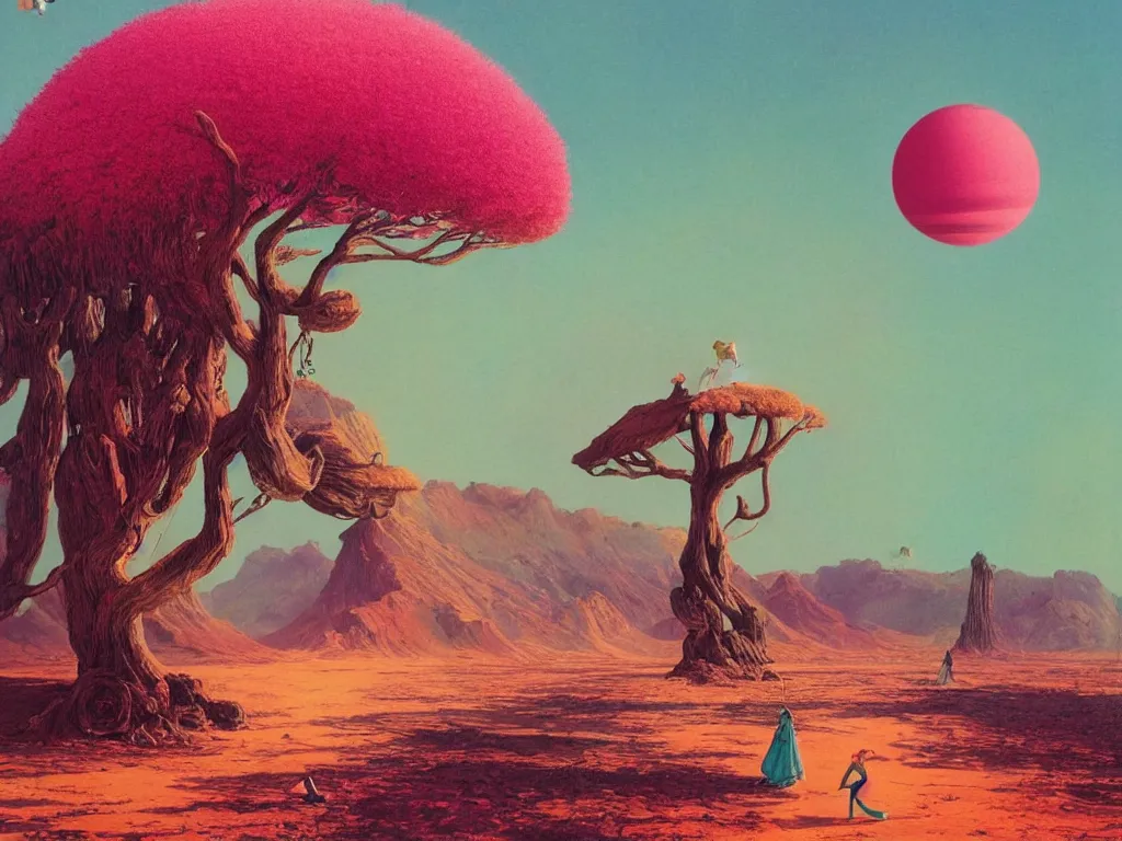 Image similar to a pink tree in a desert surrounded by an ocean on a strange planet, by bruce pennington, by sam freio, by thomas rome, by victor mosquera, juxtapoz, behance, dayglo, prismatic, iridescent