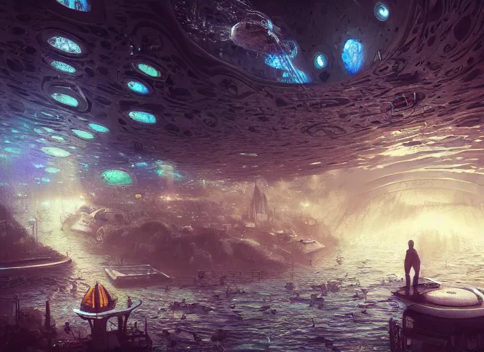 Image similar to favela spaceship cathedral, underwater environment, sorcery, scenery, professional, award - winning, trending on artstation, hyper detailed, realistic, beautiful, emotional, shiny, romantic, picture