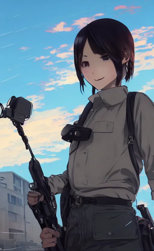 Prompt: anime style, gta 5, panoramic view of girl, searchlights in background, soldier clothing, short hair, hair down, symmetrical facial features, from arknights, hyper realistic, 4 k, extreme detail, detailed drawing, trending artstation, hd, d & d, realistic lighting, by alphonse mucha, greg rutkowski, sharp focus, backlit