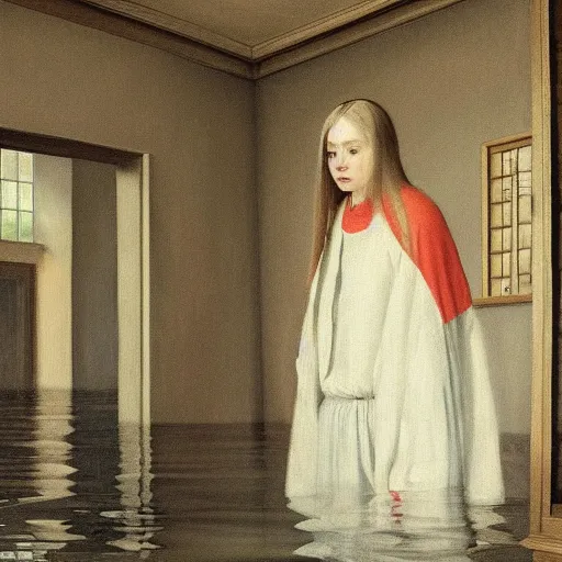 Prompt: painting of Elle Fanning in a flooded house interior, by Bosch