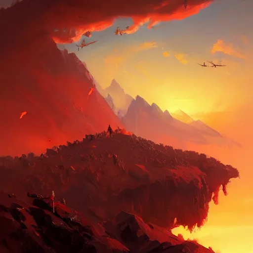 Image similar to a beautiful painting of a mountain with dragons flying in the sky at sunset by by greg rutkowski, trending on artstation.