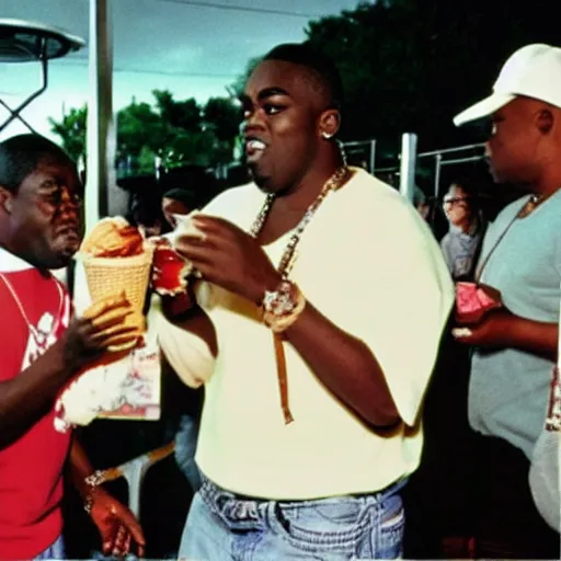 Image similar to Tupac and notorious BIG eating ice cream together at a carnival.