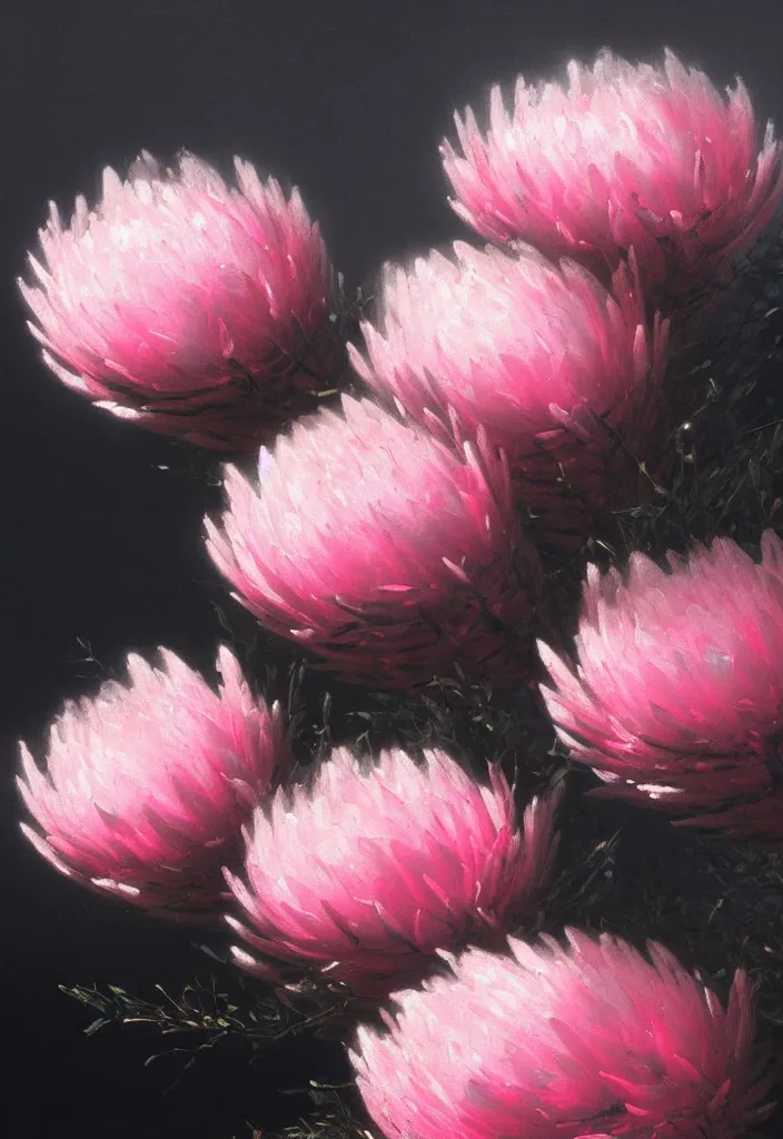 Image similar to detailed pink and white proteas against a black backdrop by ivan aivazovsky, detailed brush strokes, oil painting, artstation