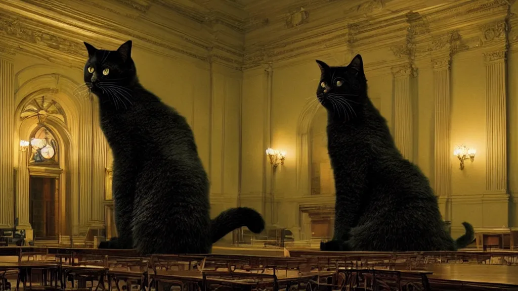 Image similar to the giant cat in city hall, film still from the movie directed by denis villeneuve and david cronenberg with art direction by salvador dali, wide lens