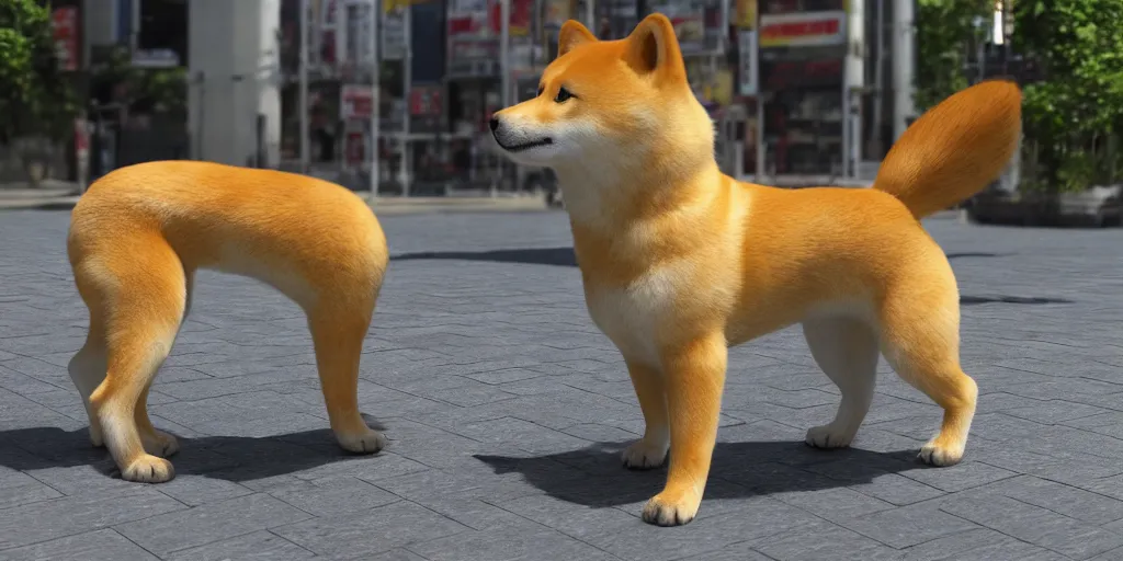 Image similar to a highly detailed render of a giant shiba inu standing in tokyo, hyperrealistic, realistic, 8 k, made in unreal engine 5