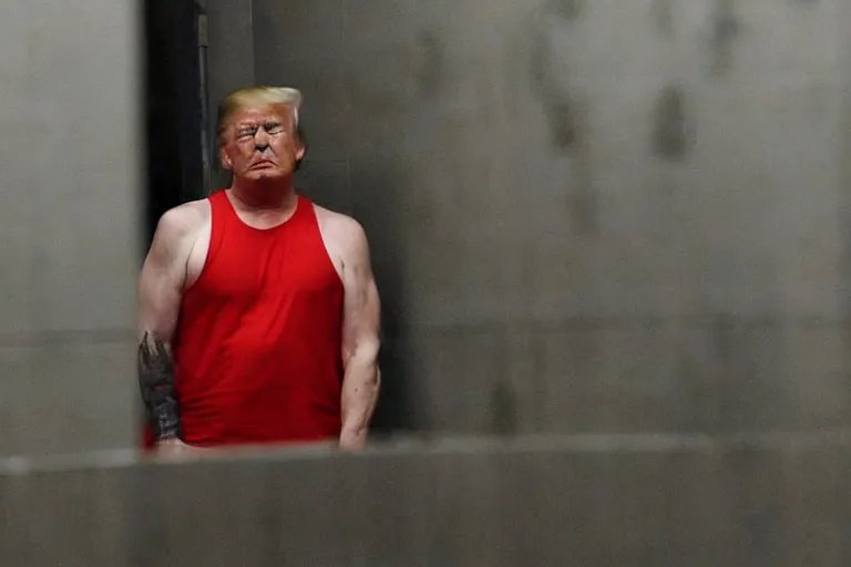 Prompt: Donald Trump in tanktop and sweat pants crying in jail cell, a reuters photo