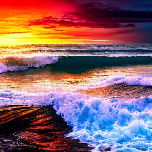 Image similar to sea sunset with waves, aesthetic, realistic, sunset, 8 k, sharp, colorful