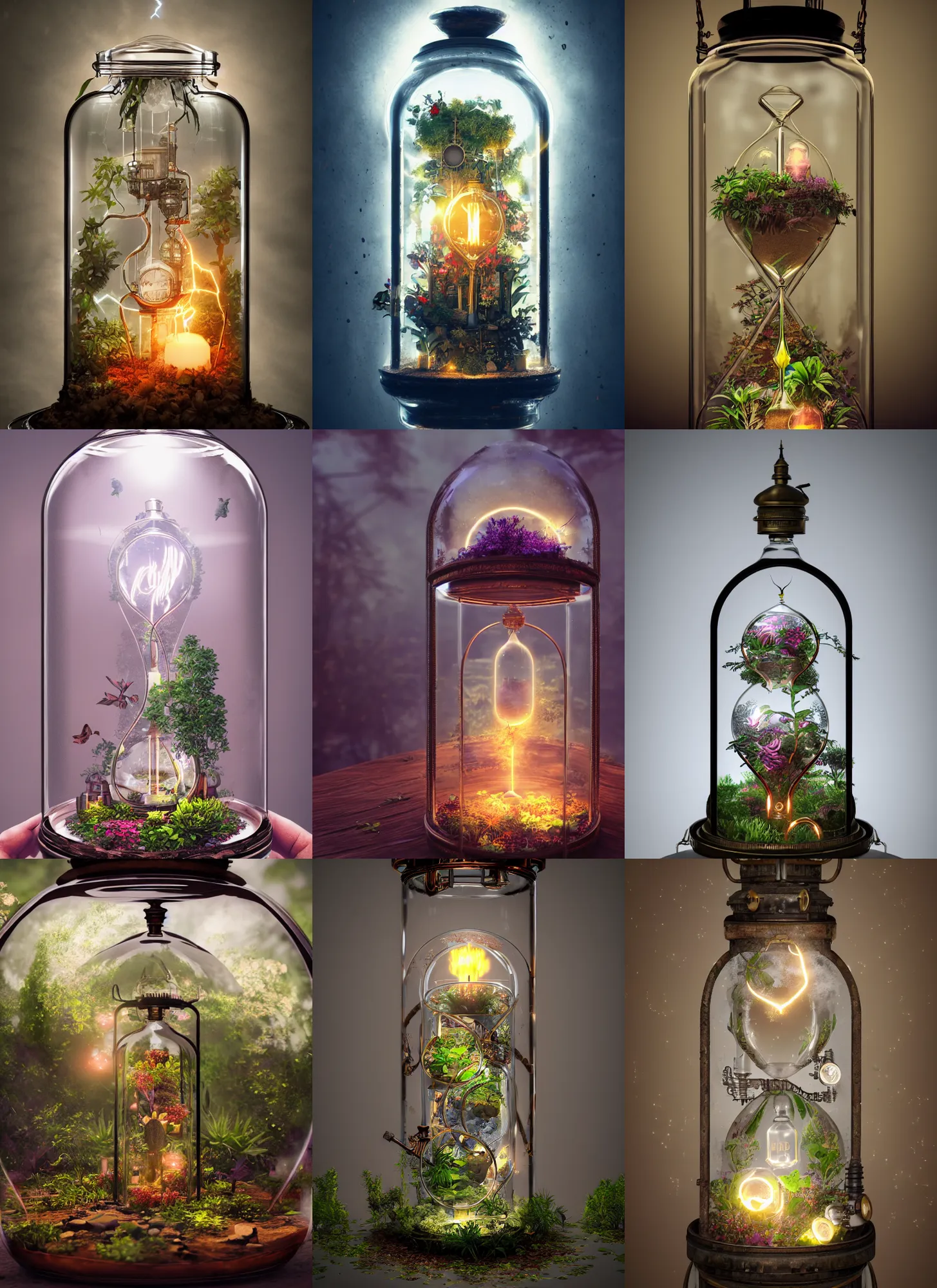 Prompt: botanical garden inside a steampunk glass jar, hourglass, lightning, intricate detail, volumetric lighting, epic composition, hyper detailed, ultra realistic, sharp focus, octane render, candle, volumetric, ray tracing, artstation trending, cgsociety, sense of awe, swirling mist, 4 k