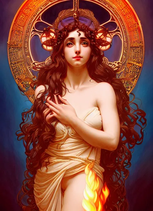 Prompt: the greek goddess hestia with hair made of fire, steampunk, glowing eyes, beautiful eyes, volumetric lights, red and cyan theme, art nouveau botanicals, intricate, highly detailed, digital painting, artstation, concept art, smooth, sharp focus, cinematic, illustration, beautiful face, art by artgerm and greg rutkowski and alphonse mucha