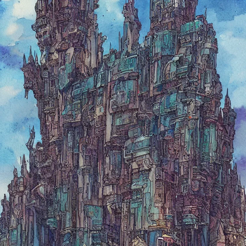 Prompt: a watercolor ink painting of a cyberpunk castle in the style of jean giraud in the style of moebius trending on artstation deviantart pinterest detailed realistic hd 8 k high resolution