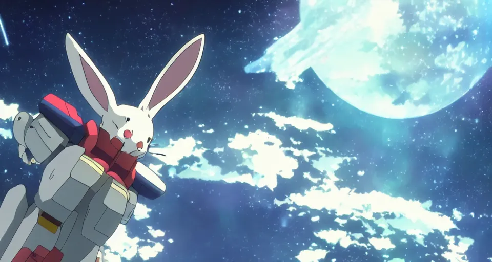 Prompt: a bunny rabbit in the science fiction anime series gundam by makoto shinkai, flying through space, cinematic, shooting star