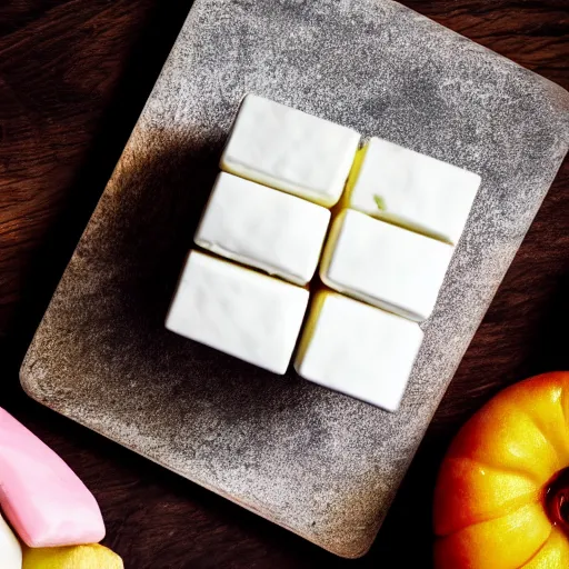 Image similar to photograph of a marshmallow cube on a wooden chopping board, styled food photography, colorful topping, photorealistic, 4 k