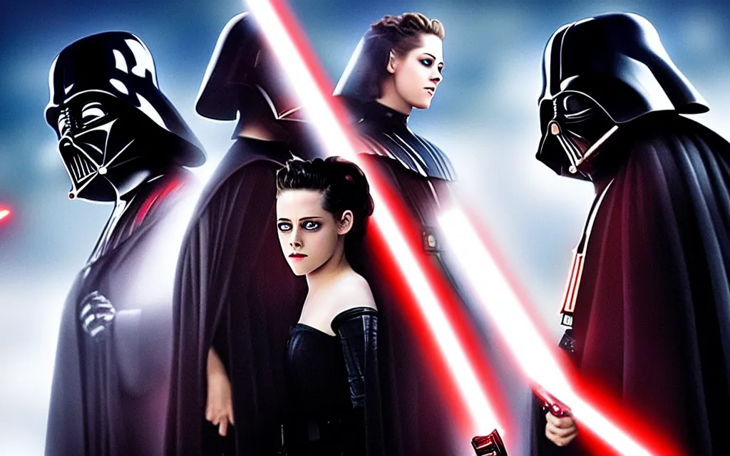 Image similar to darth vader and kristen stewart staying close together in front of, on the background star destroyer, romantic poster for the twillight movie