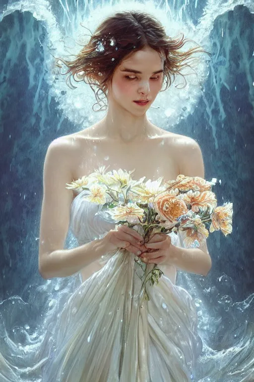 Prompt: portrait of a beautiful woman wearing a white dress, holding a bouquet of flowing flowers, drenched body, wet dripping hair, emerging from the water, fantasy, regal, fractal crystal, fractal gems, by stanley artgerm lau, greg rutkowski, alphonse mucha, loish, norman rockwell